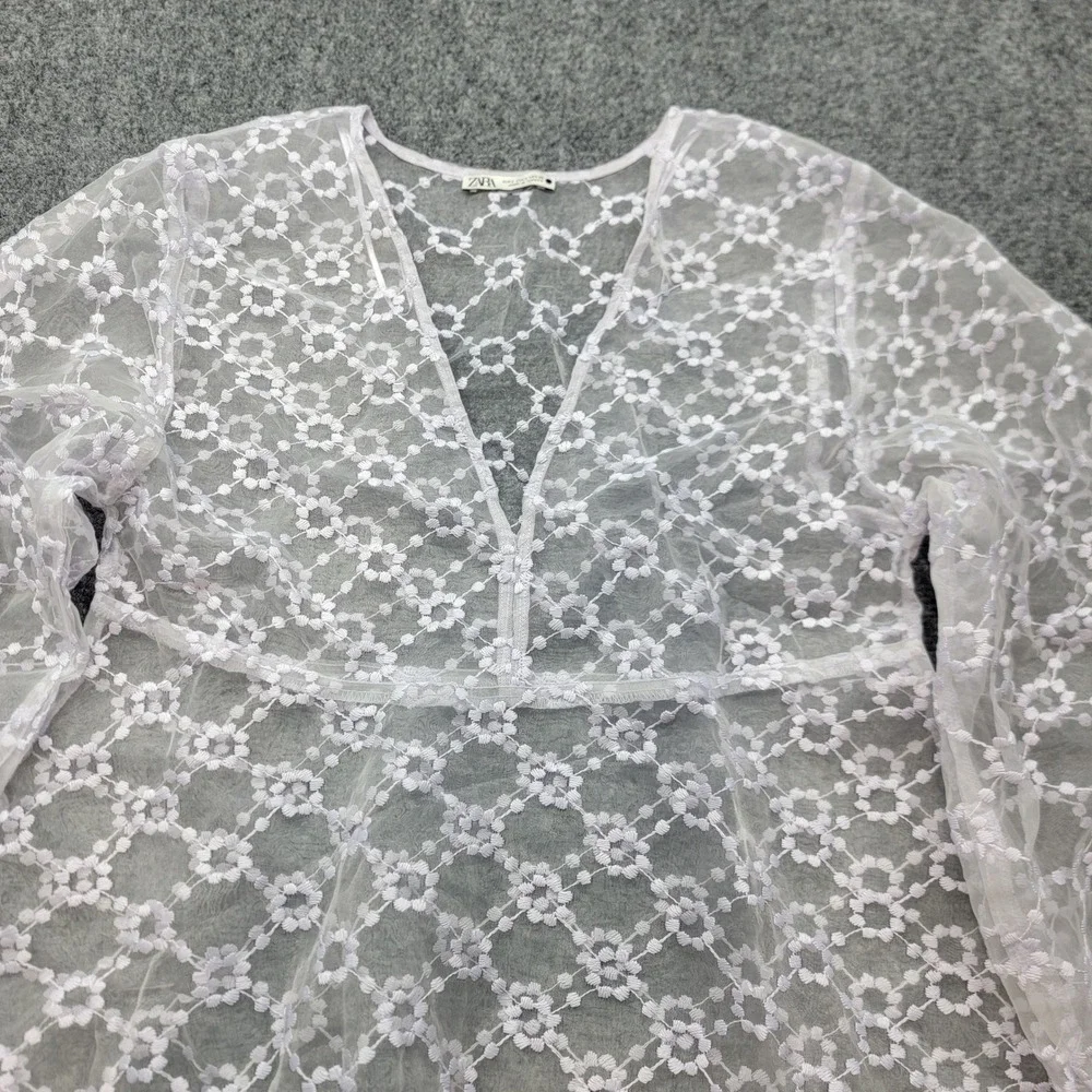 Zara Lavender Floral Lace Sheer V-Neck Peplum Blouse Balloon Sleeve Small